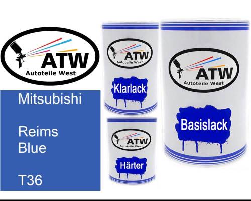 Mitsubishi, Reims Blue, T36: 500ml Lackdose + 500ml Klarlack + 250ml Härter - Set, von ATW Autoteile West.